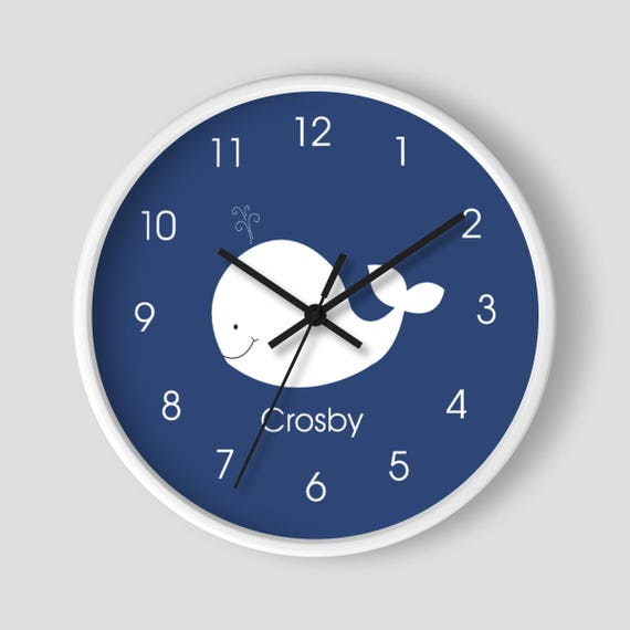 White Whale Navy Blue Boy or Girl Nautical Nursery Clock / White Whale Wall Clock - Choose white or black frame, add a name Il_570xn