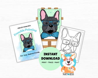 Crianças pintam e bebem, pintem um buldogue francês, molde para imprimir, artesanato de arte faça você mesmo, download digital.