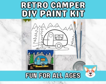 Retro Camper Kids Paint Kit, DIY Pre-Traced Outlined Canvas, Paint Parties, Paint and Sip, Birthdays - Camping Paint kit
