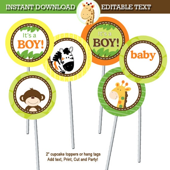 Bright Jungle Safari Animals Baby Shower Cupcake Toppers and Cupcake Wrappers, Print your Own INSTANT DOWNLOAD Il_570xn