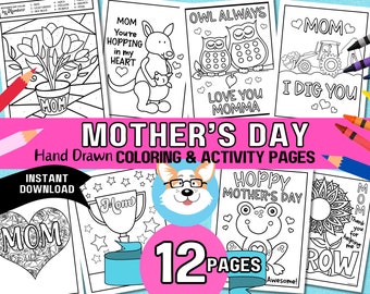 12 Mother's Day Coloring and Activity Pages, Cute Kids Color Pages, Maze, Color by Number, Frog Sloth Kangaroo more