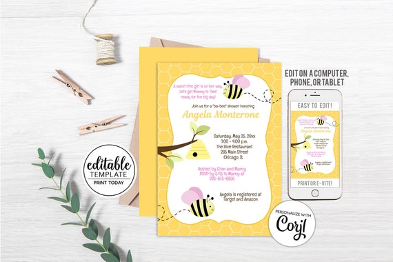 Editable Bumble Bee Girl Baby Shower Pink Wings Baby Shower Invitations Printable File / Favor Tags Included INSTANT DOWNLOAD bs-155 Il_570xn