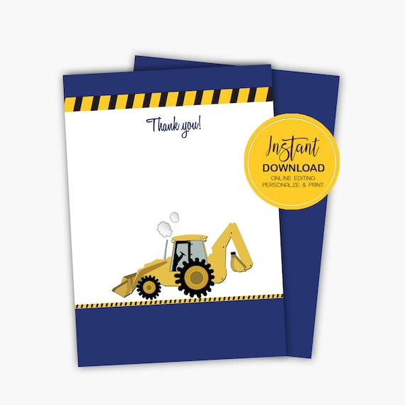 Backhoe Construction Matching Thank you note / EDITABLE template / INSTANT DOWNLOAD bs-072 Il_570xn