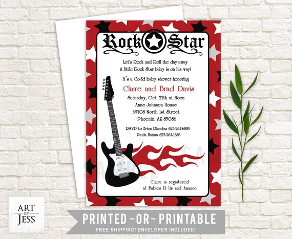 Red Rock Star Guitar Rocker Musician Rock-a-Bye Baby Shower Invitations B064 Il_570xn