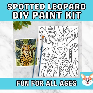 Spotted Leopard Kids Paint Kit, DIY Pre-Traced Outlined Canvas, Paint Parties, Paint and Sip, Birthdays Jungle Cat image 1