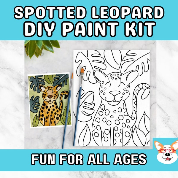 Spotted Leopard Kids Paint Kit, DIY Pre-Traced Outlined Canvas, Paint Parties, Paint and Sip, Birthdays - Jungle Cat