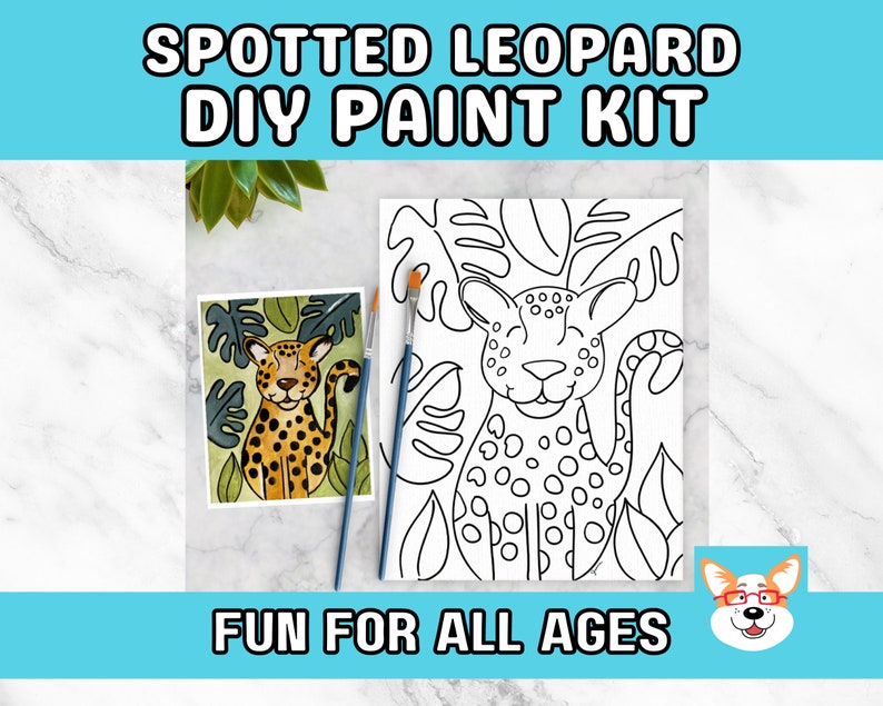 Spotted Leopard Kids Paint Kit, DIY Pre-Traced Outlined Canvas, Paint Parties, Paint and Sip, Birthdays Jungle Cat image 1