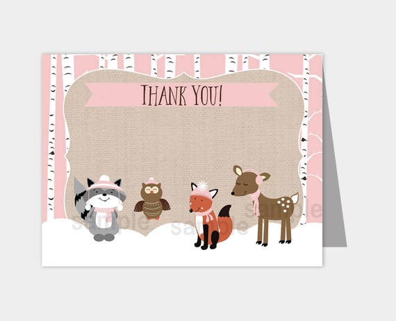 Winter Woodland Pink Birch Tree Forest Animals Thank you notes INSTANT DOWNLOAD bs-068 Il_570xn