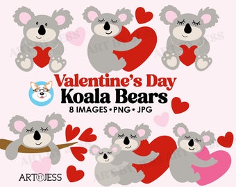 Valentine's Day Koala Bears, Cute Koalas and Hearts Clipart Set, Valentines Graphics PNG JPG