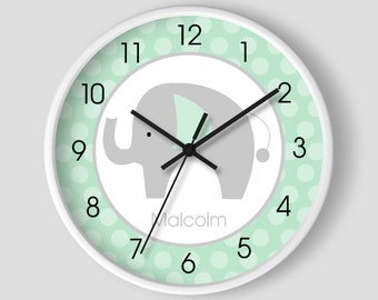Seafoam Green and Gray Mod Elephant Nursery Wall Clock 10-inch Customized Name Gender Neutral Wall Clock