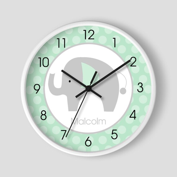Seafoam Green and Gray Mod Elephant Nursery Wall Clock 10-inch Customized Name Gender Neutral Wall Clock Il_570xn