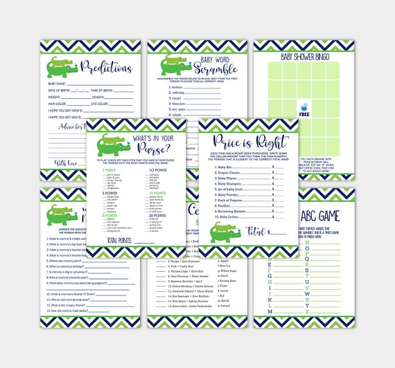 Preppy Alligator Baby Shower Game Bundle, Price is Right, Predictions, Bingo, Who knows Mommy, Word Scramble INSTANT DOWNLOAD bs-063 Il_570xn