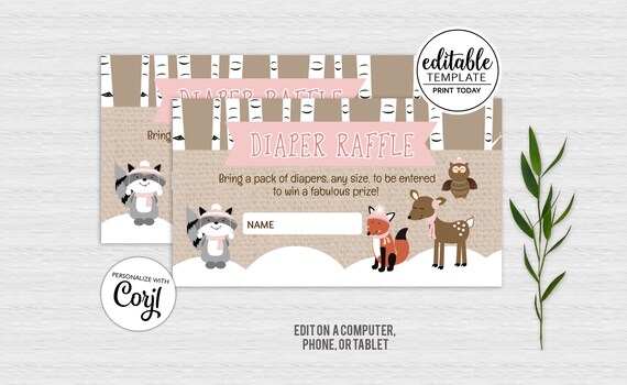 Winter Woodland Girl Forest Animals Birch Tree Baby Shower Raffle Card / EDITABLE TEXT Instant Download bs-068 Il_570xn