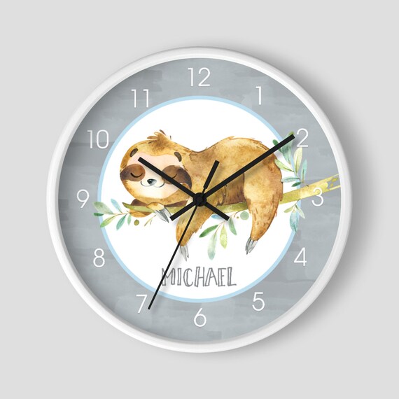 Sleeping Sloth Nursery Wall Clock 10-inch Customized Name Gender Neutral Wall Clock / Green Sloths Il_570xn