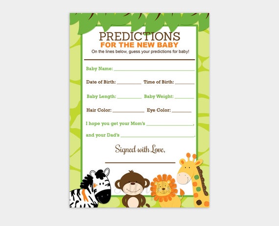 Jungle Safari Animals Baby Shower Prediction Card Keepsake ...