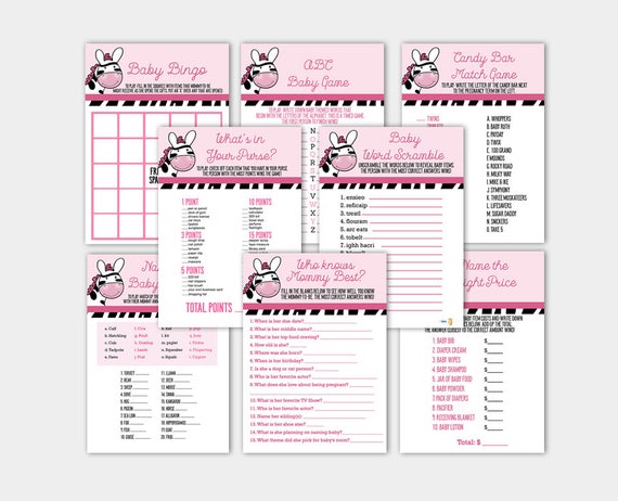 Pink Zebra Girl Baby Shower Games 8-Pack Game Bundle, Bingo, Word Search, ABC Game, Candy Match, Who Knows Mommy INSTANT DOWNLOAD bs-138 Il_570xn