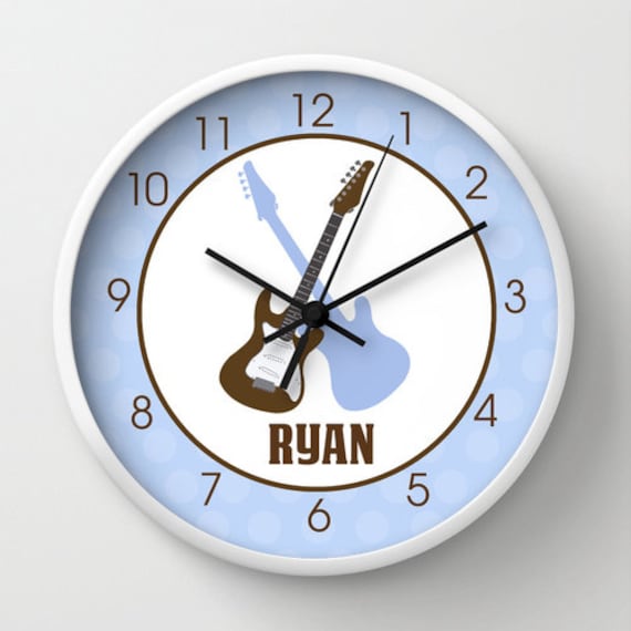 Rock Star Guitars Brown and Blue Nursery Rocker 10-inch Wall Clock / Choose frame color / Customize with Name Il_570xn