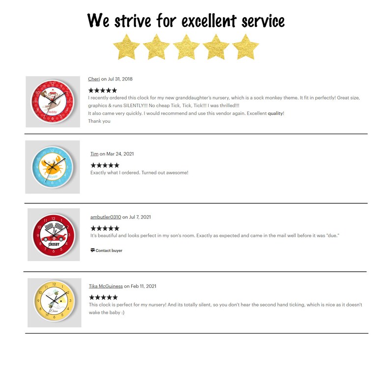 May include: Five customer reviews for a silent wall clock with a red race car design. The reviews are all five stars and include positive comments about the clock's quality, silence, and timely delivery.
