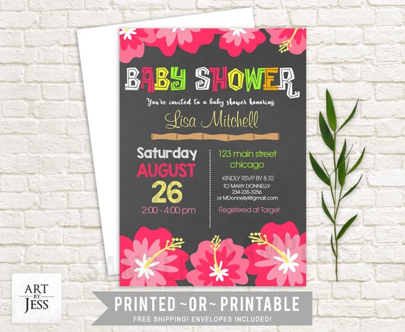 Luau Hibiscus Flowers Girl Pink Chalkboard Baby Shower Invitations Luau Hibiscus Flowers Girl Pink Chalkboard Baby Shower Invitations