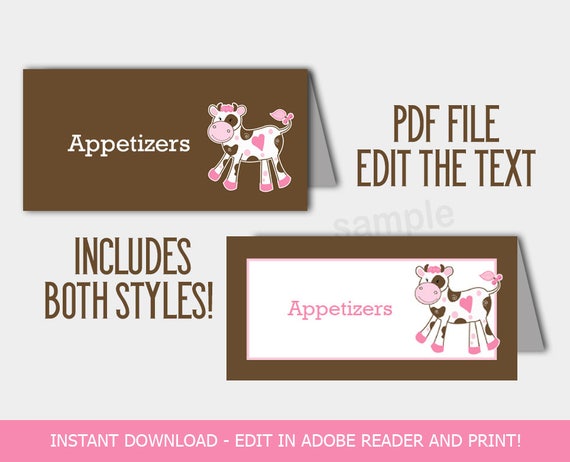 Cute Pink Cow Food Buffet Labels, Baby Shower Tent Cards, Table Cards, Editable Text includes 2 versions INSTANT DOWNLOAD bs-136 Il_570xn