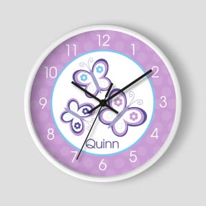 Purple Butterfly Girls Nursery Room 10-inch Clock, Choose Frame Color, Personalized Kids Wall Clock