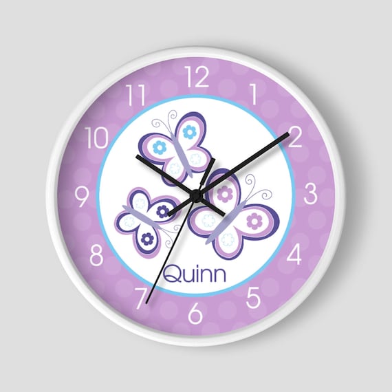 Purple Butterfly Girls Nursery Room 10-inch Clock, Choose Frame Color, Personalized Kids Wall Clock Il_570xn