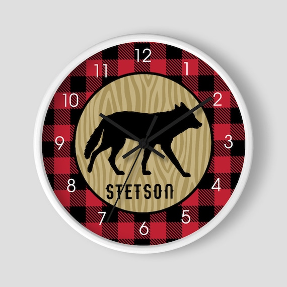 Buffalo Plaid Lumberjack Wolf Rustic Boy's Nursery Wall Clock 10-inch / Lumberjack Nursery / Log Home Decor Il_570xn