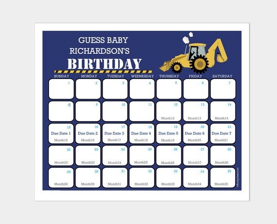 Construction Backhoe Baby Prediction Calendar / Construction Baby shower Printable / Editable Text INSTANT DOWNLOAD bs-072 Il_570xn