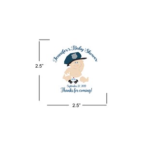 May include: A 2.5 inch by 2.5 inch favor tag with a cartoon baby wearing a police officer's hat and holding a toy police car. The text reads "Jennifer's Baby Shower" and "September 27, 2019 Thanks for coming!"