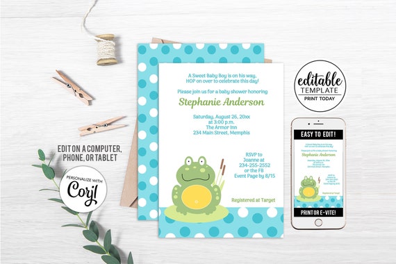 Green Pond Frog Boy Baby Shower Invitations, Frog theme baby shower DIY Printable File bs-122 Il_570xn