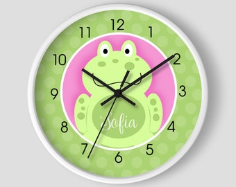 Cute Green and Pink Frog Wall Clock / Girl Frog Nursery Room / Toddler Room / 10" Froggy Wall Clock