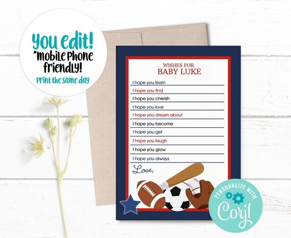 Sports Theme Football, Soccer, Baseball Baby Shower Wishes for Baby Advice Card, Printable PDF File INSTANT DOWNLOAD bs-019 Il_570xn
