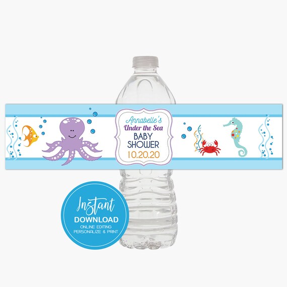 Under The Sea Baby Shower Water Bottle Labels Octopus Crab Seahorse Fish Boy Baby Shower Favors Editable Text Instant Download Bs 079 By All Pets Cherished Catch My Party