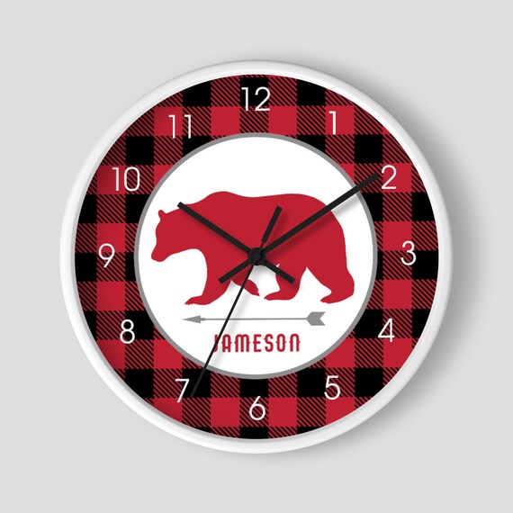 Buffalo Plaid Red Bear Nursery Wall Clock / Hunter Nursery / Little Man / Lumberjack / Red Gray Black Woodland Boys Room Clock Il_570xn