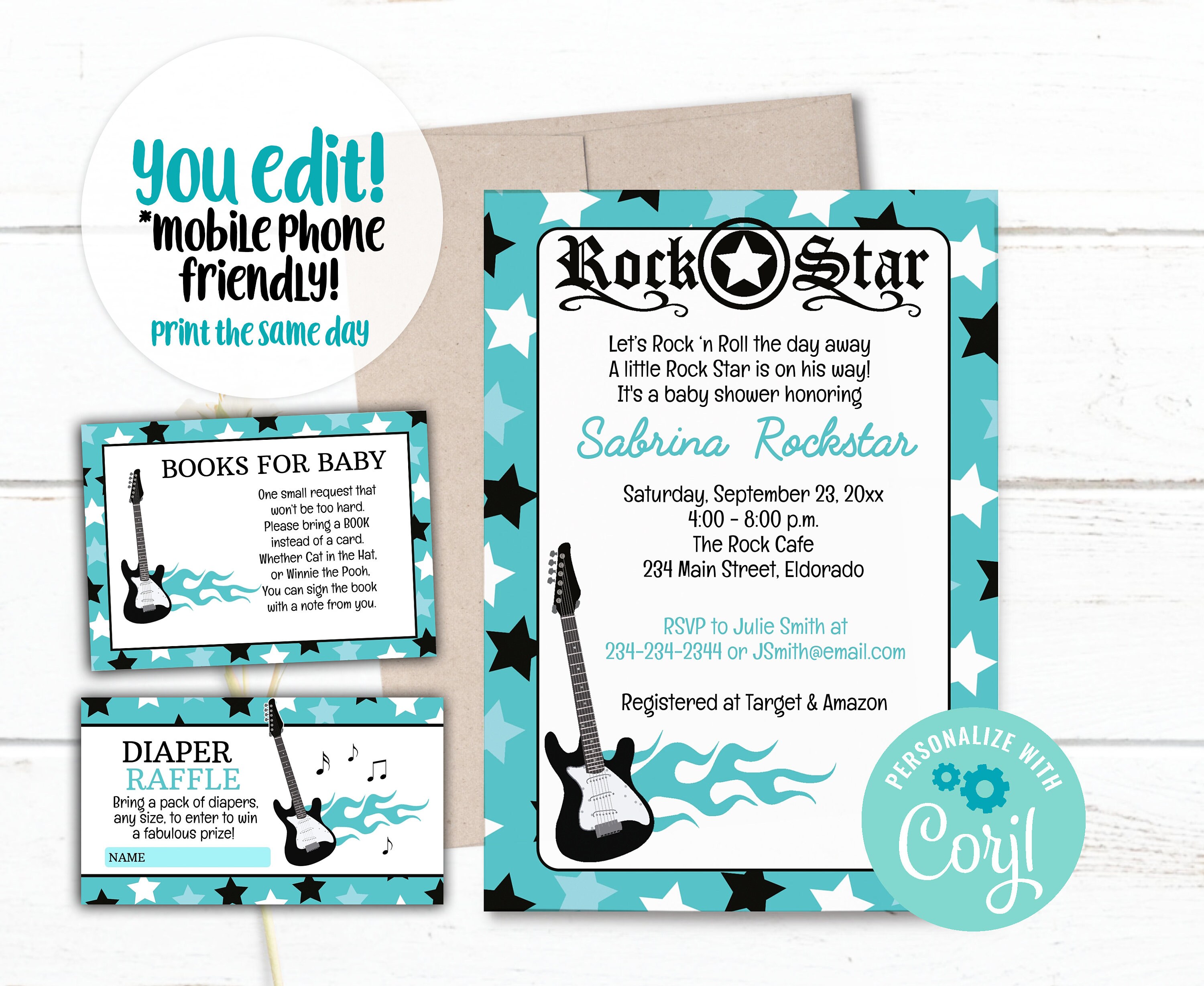 Teal Rock Star Boy Baby Shower Invitation Diaper Raffle Etsy Teal Rock Star Boy Baby Shower Invitation Diaper Raffle Etsy