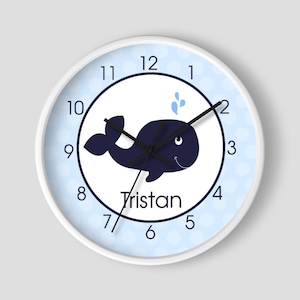 Navy Blue Whale Boys Nautical Nursery Room 10-inch Wall Clock Personalized White Frame