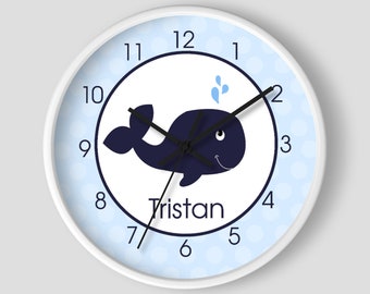 Navy Blue Whale Boys Nautical Nursery Room 10-inch Wall Clock Personalized White Frame