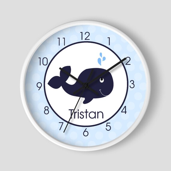 Navy Blue Whale Boys Nautical Nursery Room 10-inch Wall Clock Personalized White Frame Il_570xn