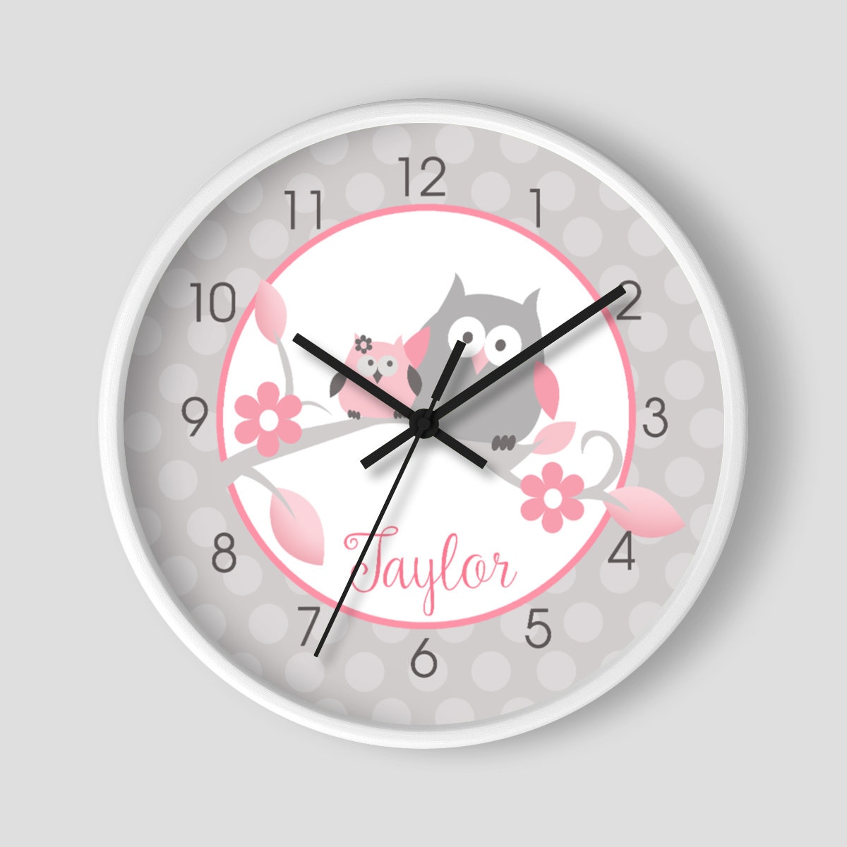 Baby Night Owl Girls Nursery Wall Clock / Pink and Gray Owl / Girls Owl Nursery Clock / Owl Wall Clo
