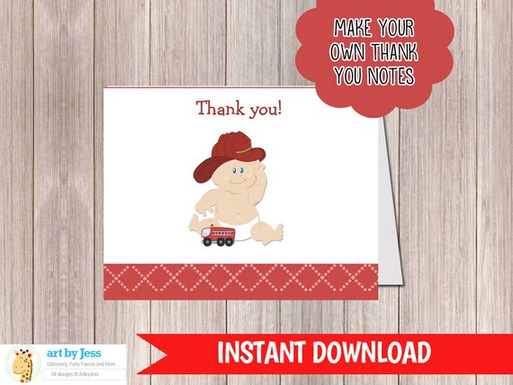 Firefighter Baby with Fire Truck Folded Thank you notes INSTANT DOWNLOAD B102 Il_570xn