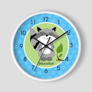Woodland Raccoon Forest theme Nursery Clock, Nature theme Kids Child&#39;s Wall Clock