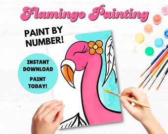 Paint by Number Kids Summer Coloring Painting Activity, Flamingo Paint by Number, Sip n Paint Party Kids Birthday INSTANT DOWNLOAD