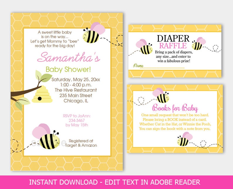 Bumble Bee Pink Girl Baby Shower Invitation Diaper Raffle Etsy