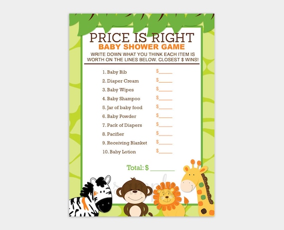 Bright Jungle Safari Price is Right Baby Shower Game Card, Monkey, Giraffe, Zebra, Lion Baby Shower Printable PDF INSTANT DOWNLOAD bs-015 Il_570xn