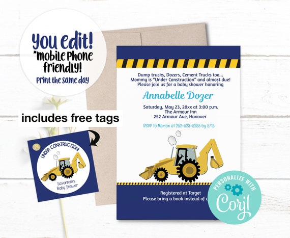 construction theme baby shower invitations