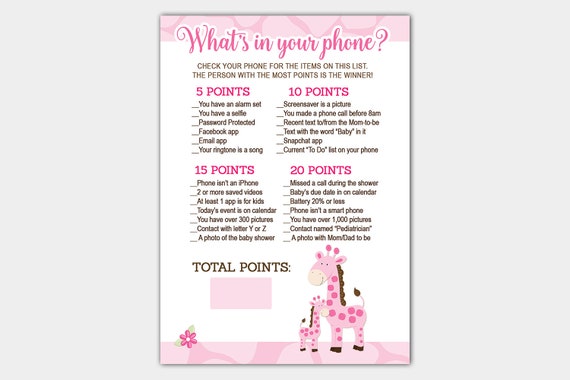 Pink Giraffe What S In Your Phone Game Girl Baby Shower Game Printable Activity Instant Download Bs 075 By All Pets Cherished Catch My Party