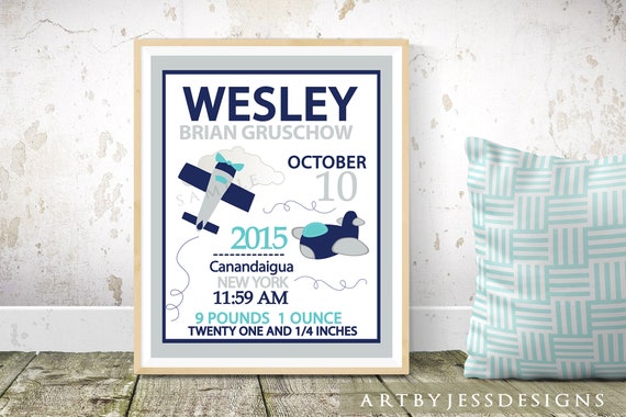 Gray and Blue Airplane Boy Birth Print / Baby Boy Birth Stat / Personalized Baby Birth Announcement Wall Art Il_570xn