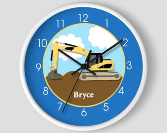 Construction Excavator Navy Blue Boys Room Clock / Construction Toddler Room / Digger Trachoe Realistic Excavation Clock / Primary Blue