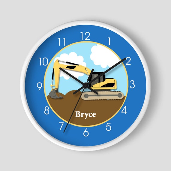 Construction Excavator Navy Blue Boys Room Clock / Construction Toddler Room / Digger Trachoe Realistic Excavation Clock / Primary Blue Il_570xn