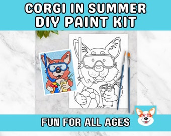 Corgi In Summer Kids Paint Kit, DIY Pre-Traced Outlined Canvas, Paint Parties, Paint and Sip, Birthdays - Paint a cute Corgi dog